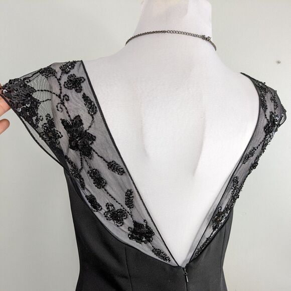 Maxi Dress Evening Gown Satin Sheer Beaded Mermaid Prom Formal Beaded Black 10 - Picture 6 of 11